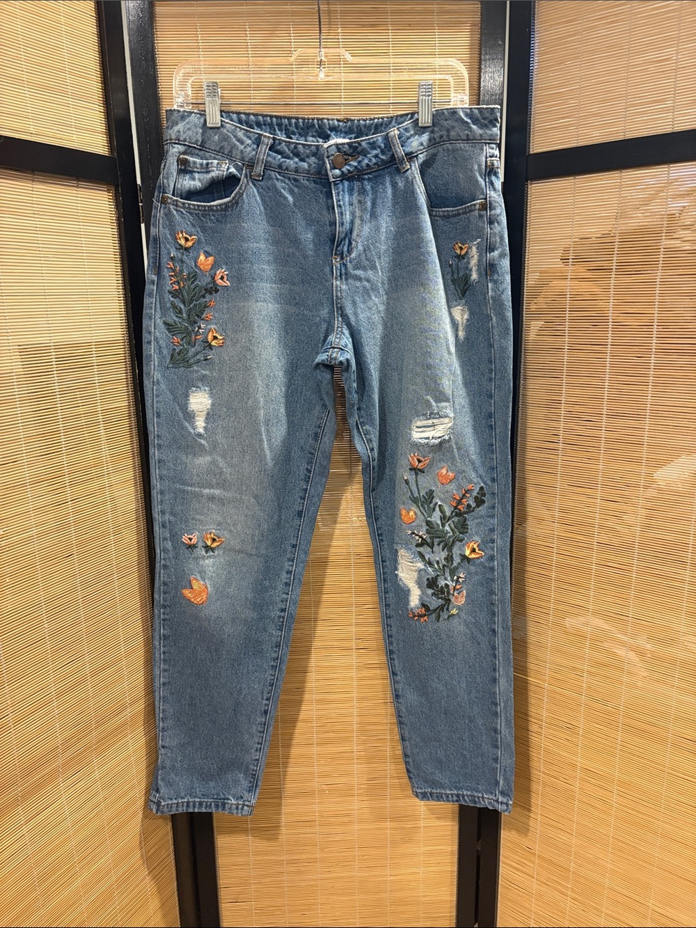 Embroidered Blue Boyfriend Jeans with Orange Floral Accents